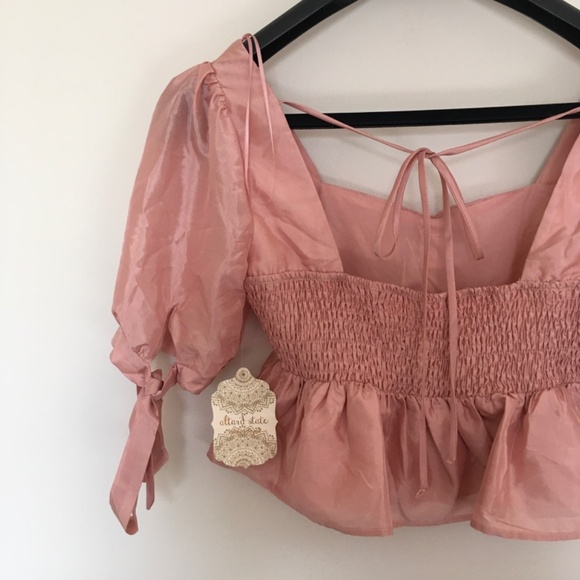 NWT Altar'd State Sz S Rose Pink Puff Sleeve Smock Back Crop Babydoll Top Boho - Picture 6 of 14